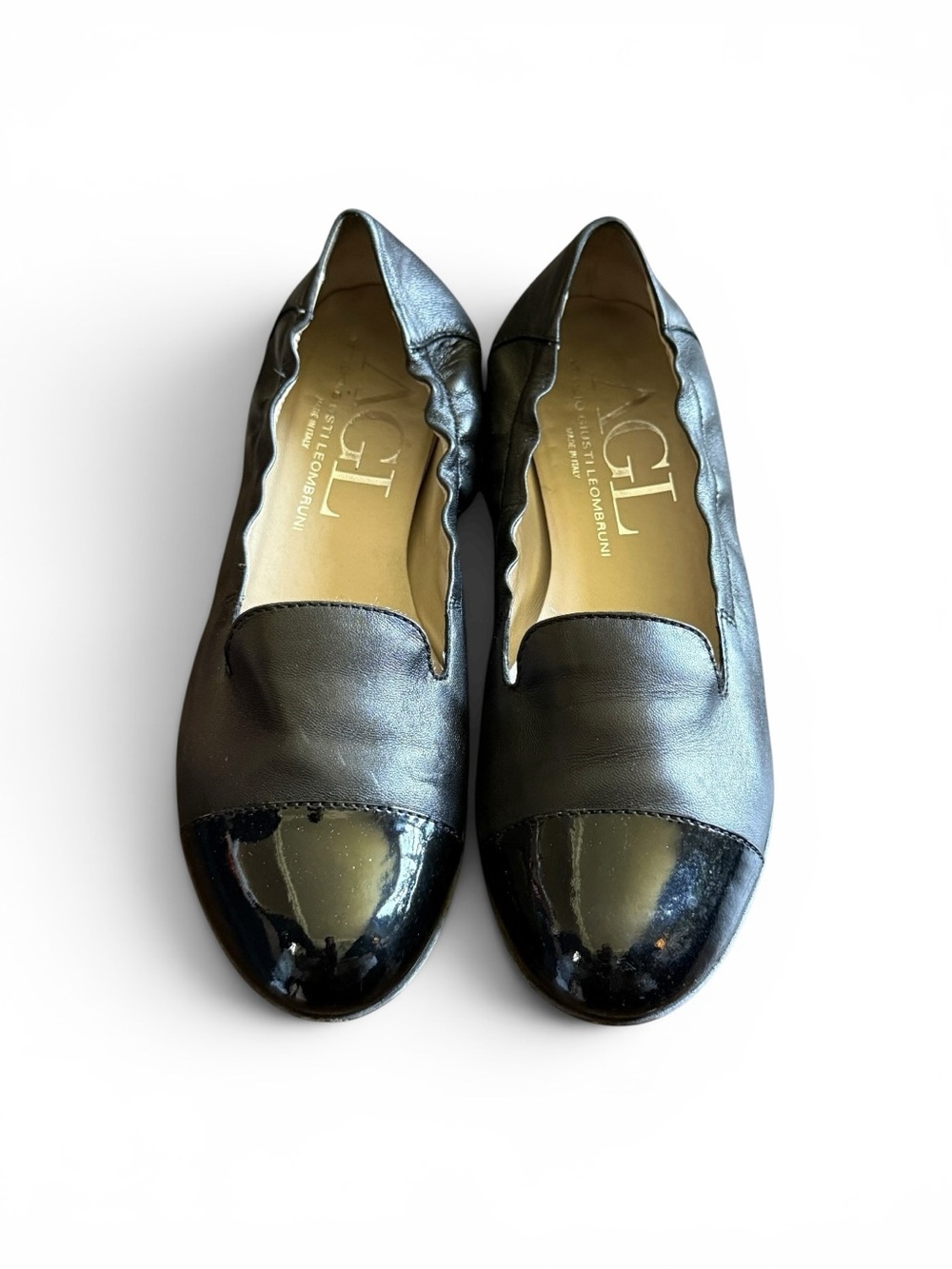 AGL Black Leather Cap-Toe Loafers with Patent Toe Size 8 Women